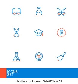 Set line Ringing bell, Medal with star, Test tube, Exam paper incorrect answers, Graduation cap, Scissors and  icon. Vector