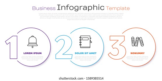 Set line Ringing bell, Notebook and Paper clip. Business infographic template. Vector