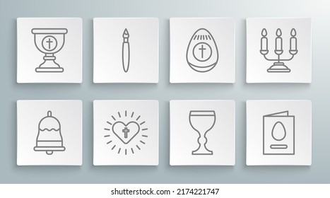 Set line Ringing bell, Paint brush, Christian cross and heart, Wine glass, Greeting card with Happy Easter, egg, Candelabrum candlesticks and chalice icon. Vector