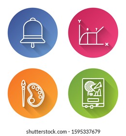 Set line Ringing bell, Pie chart infographic, Paint brush with palette and Board with graph chart. Color circle button. Vector