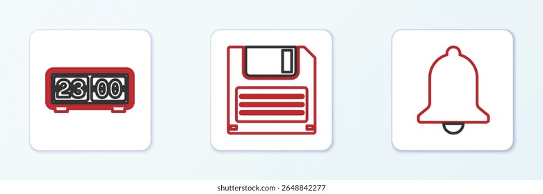 Set line Ringing bell, Retro flip clock and Floppy disk icon. Vector