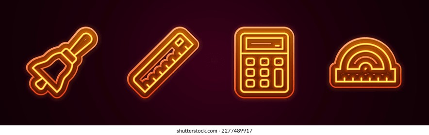 Set line Ringing bell, Ruler, Calculator and Protractor grid. Glowing neon icon. Vector