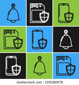 Set line Ringing bell , Smartphone with security shield  and SD card and shield  icon. Vector