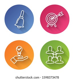 Set line Ringing bell, Target with arrow, Light bulb in hand and Project team base. Color circle button. Vector