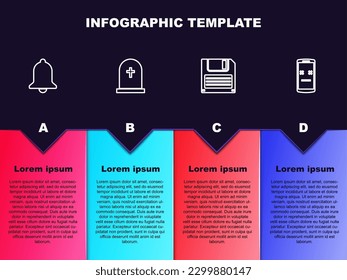 Fijar la línea Campana sonora, Piedra de lápida con cruz, Disquetera y Teléfono móvil muerto. Plantilla de infografía empresarial. Vector