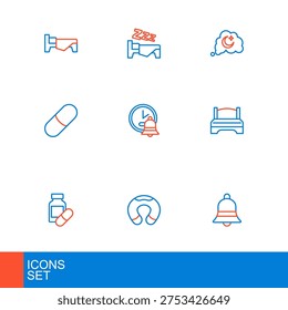 Set line Ringing bell, Travel neck pillow, Sleeping, Big bed, Alarm clock, Dreams and Time to sleep icon. Vector