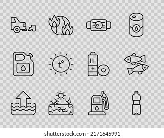 Set line Rise in water level, Bottle of, Medical protective mask, Drought, Car exhaust, Sun, Petrol or gas station and Dead fish icon. Vector