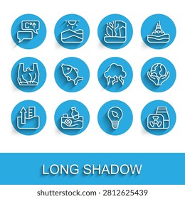 Set line Rise in water level, Problem pollution of the ocean, Global warming, Light bulb with leaf, Nuclear power plant, Dead fish, Hand holding Earth globe and Storm icon. Vector