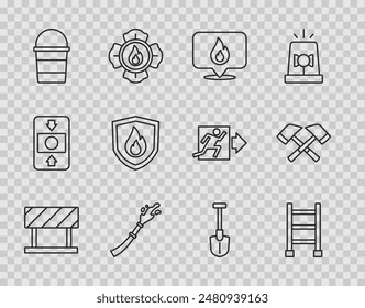 Set line Road barrier, Fire escape, Location with fire flame, hose reel, bucket, protection shield, shovel and Firefighter axe icon. Vector