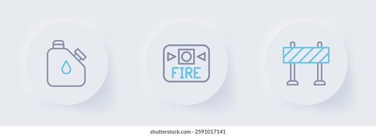 Set line Road barrier, Fire alarm system and Canister fuel icon. Vector
