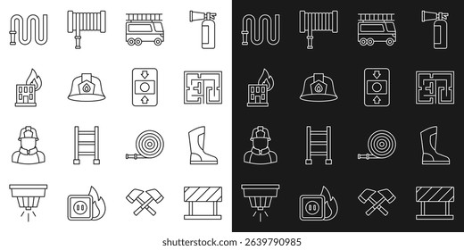 Set line Road barrier, Fire boots, Evacuation plan, truck, Firefighter helmet, in burning building, hose reel and alarm system icon. Vector