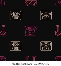 Establezca la línea Barrera de carretera, sistema de alarma contra incendios y llamada telefónica 911 en un patrón transparente. Vector