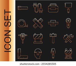 Set line Road barrier, Hammer and wrench spanner, Angle grinder, Toolbox, Crossed ruler, Roulette construction, Hand saw and Bricks icon. Vector