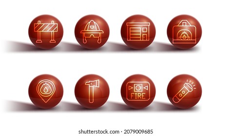 Set line Road barrier, Location with fire flame, Interior fireplace, Fire alarm system, Firefighter axe, helmet, Flashlight and Building of station icon. Vector