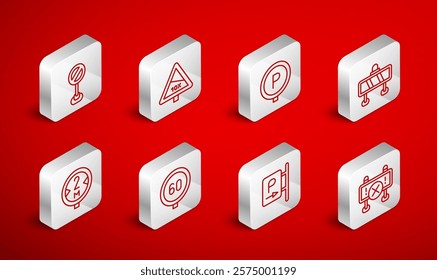 Set line Road barrier, Steep ascent and descent road, Parking, Stop sign, Speed limit traffic and  icon. Vector