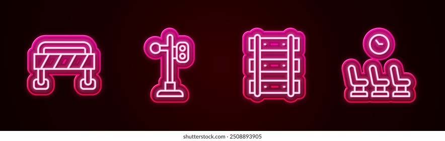 Barrera de la carretera, semáforo del tren, ferrocarril, pista del ferrocarril y sala de espera. Icono de neón brillante. Vector