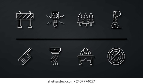 Set line Road barrier, Walkie talkie, Bucket extinguishing fire, Firefighter helmet, Smoke alarm system, Electricity spark, No and Forest icon. Vector