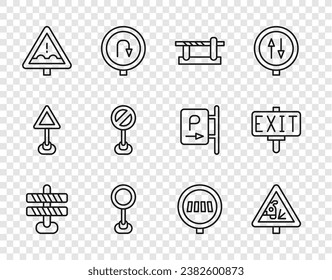 Set line Road barrier, Warning road sign, Parking car, traffic, Uneven ahead, Stop, Pedestrian crosswalk and Fire exit icon. Vector