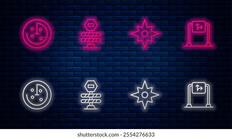 Set line Road barrier, Wind rose, Radar with targets on monitor and traffic sign. Glowing neon icon on brick wall. Vector