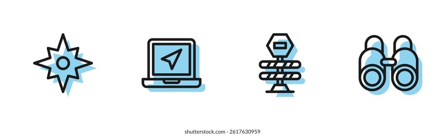 Set line Road barrier, Wind rose, Laptop with location marker and Binoculars icon. Vector
