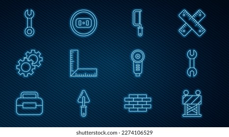 Set line Road barrier, Wrench spanner, Hacksaw, Corner ruler, Gear, Angle grinder and Electrical outlet icon. Vector