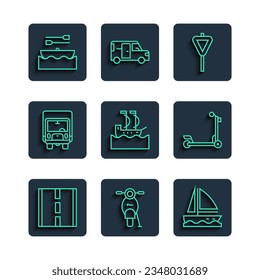 Set line Road, Scooter, Yacht sailboat, traffic signpost, Sailboat, Delivery cargo truck, Boat with oars and  icon. Vector