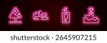 Set line Road sign avalanches, Snowmobile, Identification badge and Award winner podium. Glowing neon icon. Vector