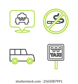 Set line Road sign for a taxi stand, Car, No Smoking and Location with icon. Vector
