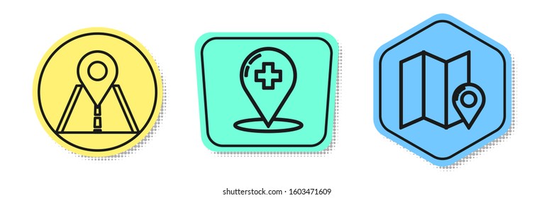 Set line Road traffic sign, Medical map pointer with cross hospital and Folded map with location marker. Colored shapes. Vector