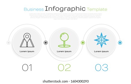 Set line Road traffic sign, Push pin and Wind rose. Business infographic template. Vector