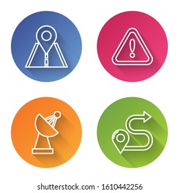 Set line Road traffic sign, Exclamation mark in triangle, Radar and Route location. Color circle button. Vector