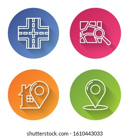 Set line Road traffic sign, Folded map with location marker, Map pointer with house and Map pin. Color circle button. Vector