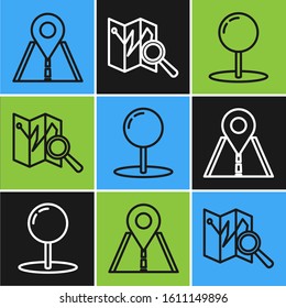 Set line Road traffic sign, Push pin and Folded map with location marker icon. Vector