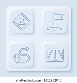 Set line Road traffic sign, Flag, Route location and Infographic of city map navigation. White square button. Vector