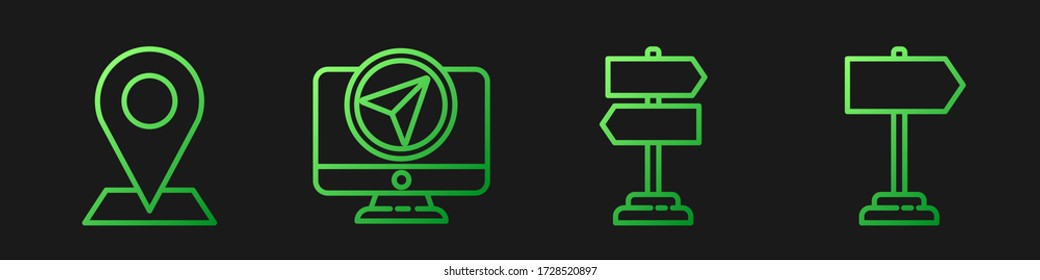Set line Road traffic sign, Location, Monitor with location marker and Road traffic sign. Gradient color icons. Vector