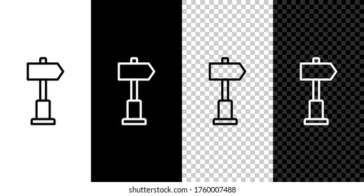 Set line Road traffic sign. Signpost icon isolated on black and white background. Pointer symbol. Street information sign. Direction sign. Vector Illustration