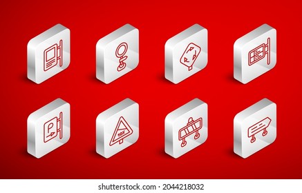 Set line Road traffic sign, Roundabout, ublic transport board, barrier, Steep ascent and descent road and Parking icon. Vector
