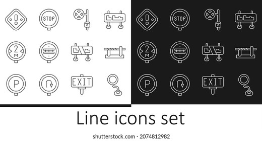 Set line Road traffic sign, Parking car barrier, Stop with camera, Railroad crossing, Exclamation mark triangle,  and  icon. Vector
