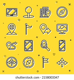 Set line Road traffic sign, City map navigation, Location, with house, marker, Gps device and  icon. Vector