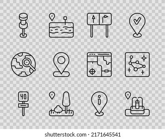 Set line Road traffic sign, Location with fountain, City map navigation, Push pin, information and Great Bear constellation icon. Vector