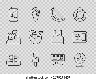 Set Line Road Traffic Sign, Electric Fan, Watermelon, Ice Cream, Soda Can, Coconut Cocktail, Air Conditioner And Travel Postcard Icon. Vector