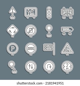 Set line Road traffic sign, Warning road, Traffic light, No cell phone, Roundabout, Exclamation mark triangle and  icon. Vector