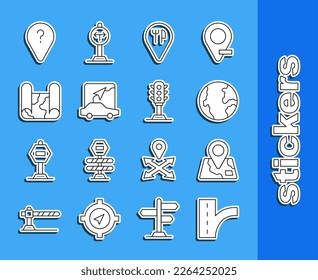 Set line Road traffic sign, Folded map with location marker, Earth globe, Cafe and restaurant, City navigation, Unknown route point and Traffic light icon. Vector