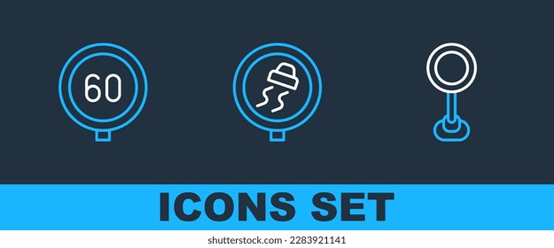 Set line Road traffic sign, Speed limit and Slippery road icon. Vector
