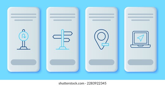 Set line Road traffic sign, Location, Turn back road and Laptop with location marker icon. Vector