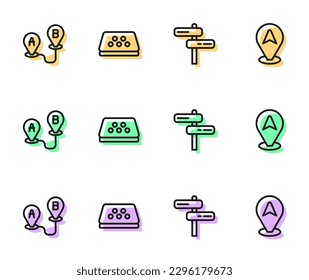 Set line Road traffic sign, Route location, Taxi car roof and Location taxi icon. Vector