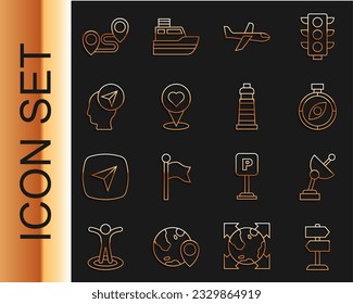 Set line Road traffic sign, Radar, Compass, Plane, Location with heart, person, Route location and Lighthouse icon. Vector