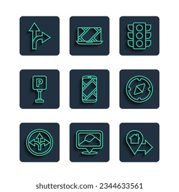 Set line Road traffic sign, Location, with house, Traffic light, City map navigation, Parking,  and Compass icon. Vector