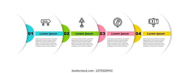 Set line Road traffic sign, Triangle warning blank, Slippery road and Fire exit. Business infographic template. Vector