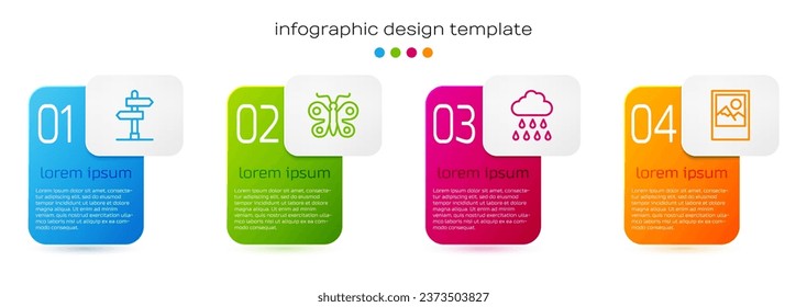 Fijar la señal de tráfico de la línea Road, Mariposa, Nube con lluvia y fotograma. Plantilla de infografía empresarial. Vector